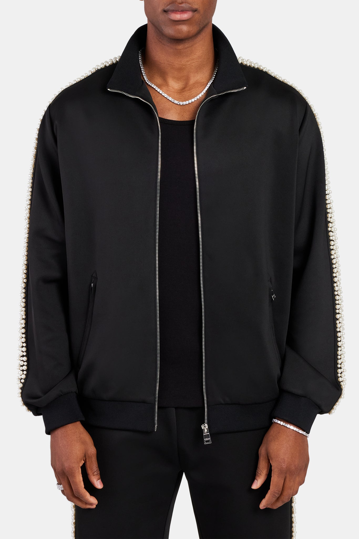 Pearl Detail Track Jacket - Black